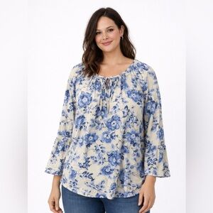 J.Jill Blue Floral Tunic Blouse 3/4 Sleeve Tassel Tie large
